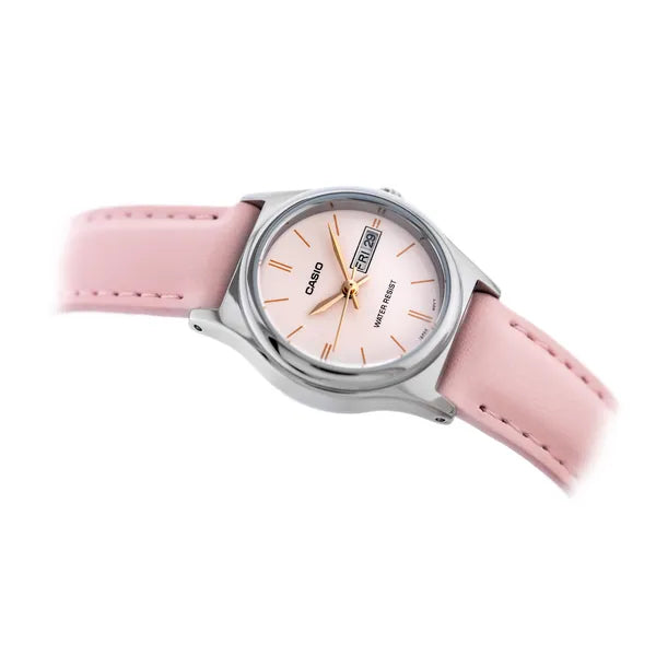 Casio LTP-V006L-4B női karóra rózsaszín bőrszíjjal, acél tok, dátum, WR30