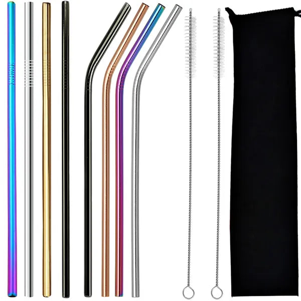 8 db rozsdamentes acél szívószál készlet 21,5 cm, 2 kefével