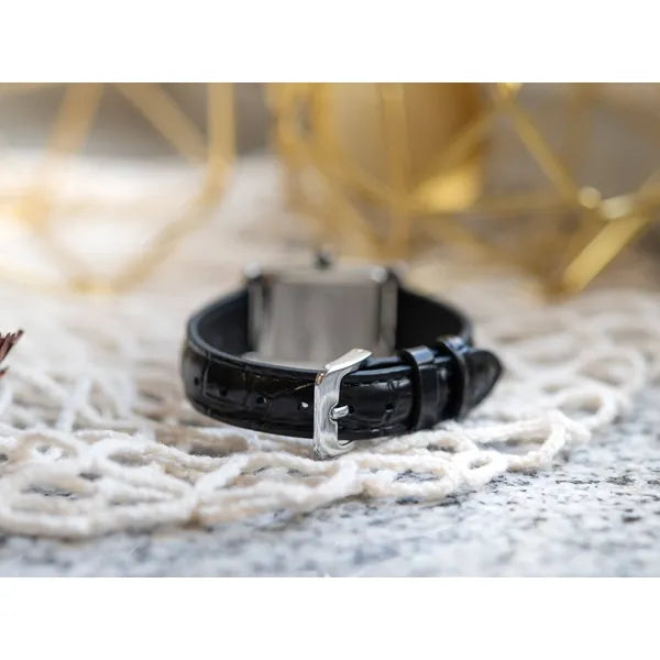 Női Casio karóra LTP-1234PL-7A2EF, ezüst téglalap tok, fekete bőr szíj