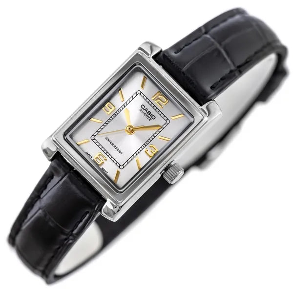 Női Casio karóra LTP-1234PL-7A2EF, ezüst téglalap tok, fekete bőr szíj