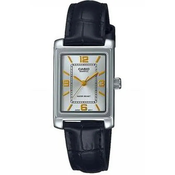 Női Casio karóra LTP-1234PL-7A2EF, ezüst téglalap tok, fekete bőr szíj