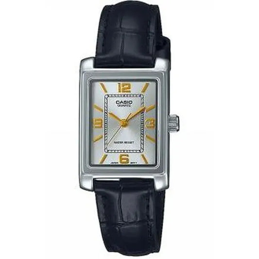 Női Casio karóra LTP-1234PL-7A2EF, ezüst téglalap tok, fekete bőr szíj