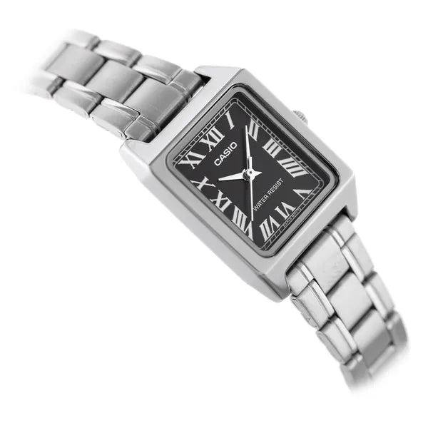 Casio női karóra LTP-V007D-1B, téglalap tok, acél szíj, fekete számlap