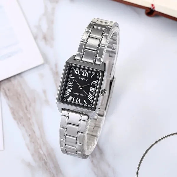 Casio női karóra LTP-V007D-1B, téglalap tok, acél szíj, fekete számlap