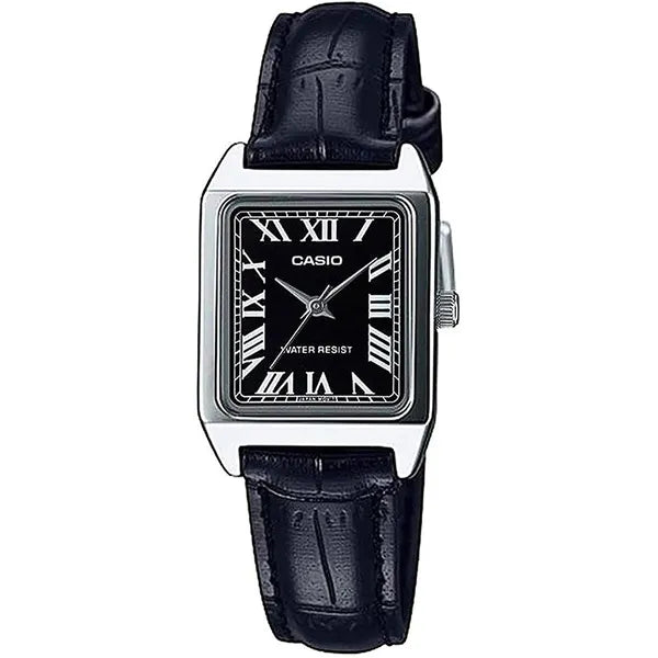 Női Casio quartz karóra téglalap acél tokkal fekete bőr szíjjal