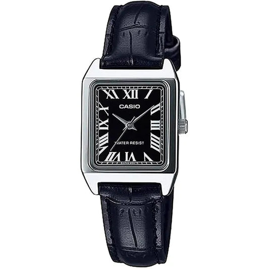 Női Casio quartz karóra téglalap acél tokkal fekete bőr szíjjal