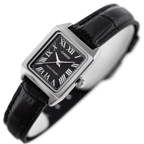 Női Casio quartz karóra téglalap acél tokkal fekete bőr szíjjal