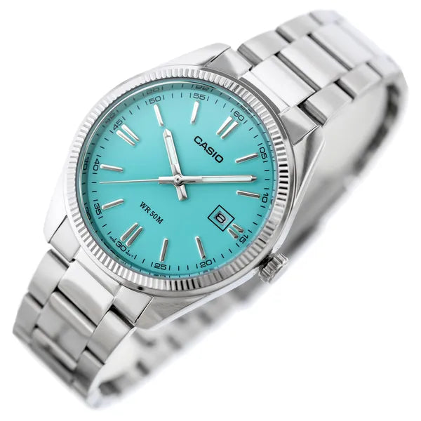 Casio MTP-1302PD-2A2 férfi karóra, türkiz számlap, acél szíj, WR50