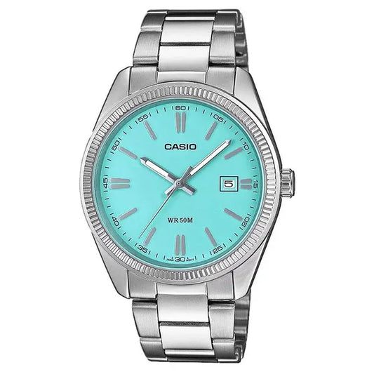 Casio MTP-1302PD-2A2 férfi karóra, türkiz számlap, acél szíj, WR50