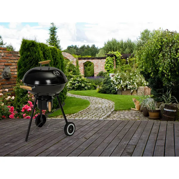 Kerti faszenes grill fedéllel, 44 cm-es rostély, kerekekkel