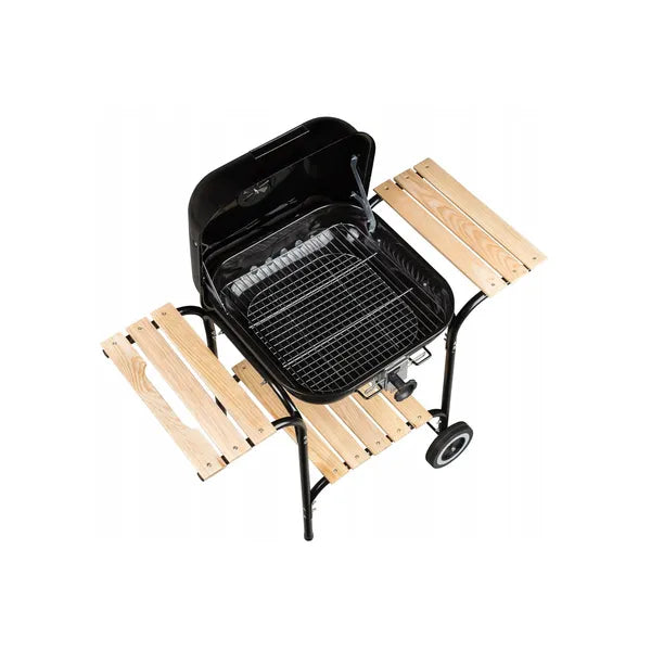 Kerti faszenes grill fedéllel, állítható rostéllyal, fa polcokkal 94×49×82 cm
