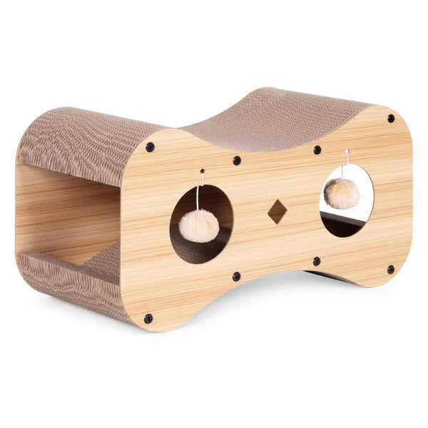 Kartonos macskakaparó házzal és ágy funkcióval, MDF keret, 55×28×29 cm