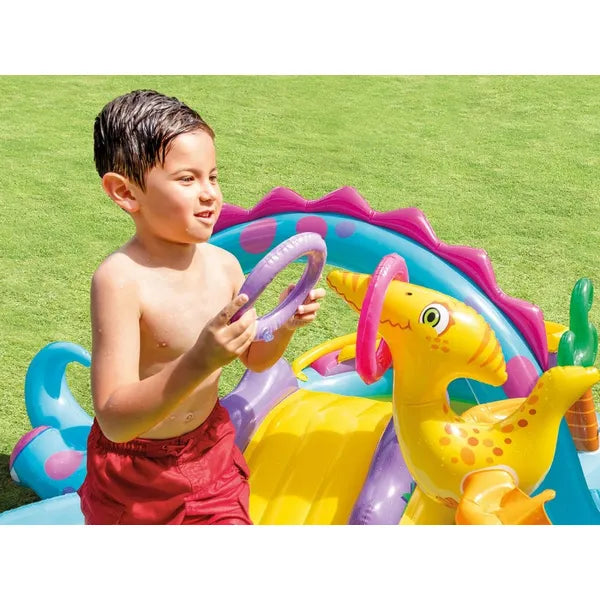 Intex Dinoland felfújható gyerek játszótér csúszdával, szökőkúttal 333×229 cm