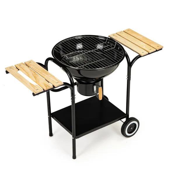 Faszénes kerti grill fedéllel, 40 cm krómozott rostéllyal, polcokkal, kerekekkel