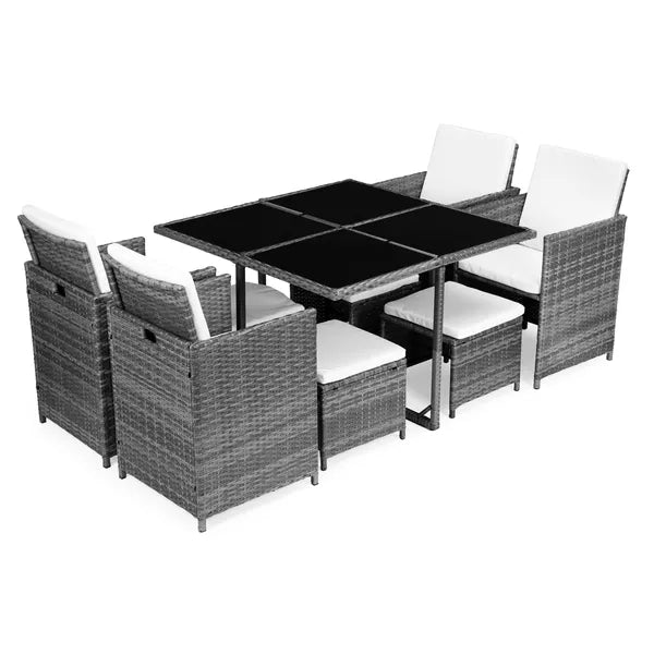 Polyrattan kerti bútor szett 4 fotellel, 4 puffal és üveglapos asztallal