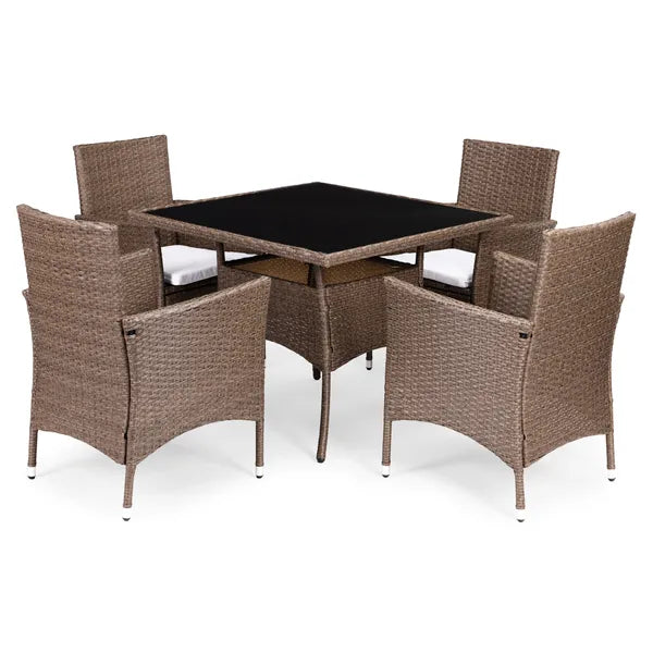 Polyrattan kerti bútor szett, 4 szék + edzett üveg asztal, világosbarna