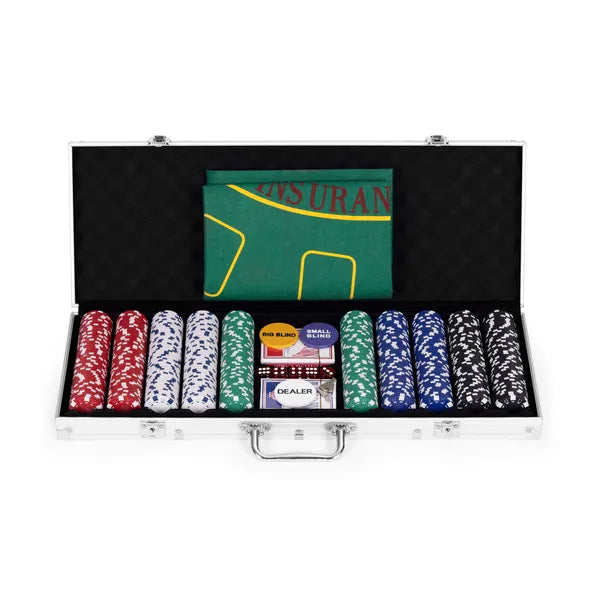 Póker és blackjack készlet, 500 zseton, szőnyeg, dobókocka, zárható koffer