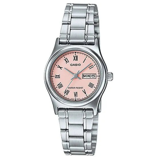 Női Casio LTP-V006D-4B karóra, acél szíj, rózsaszín számlap, WR30, dátum