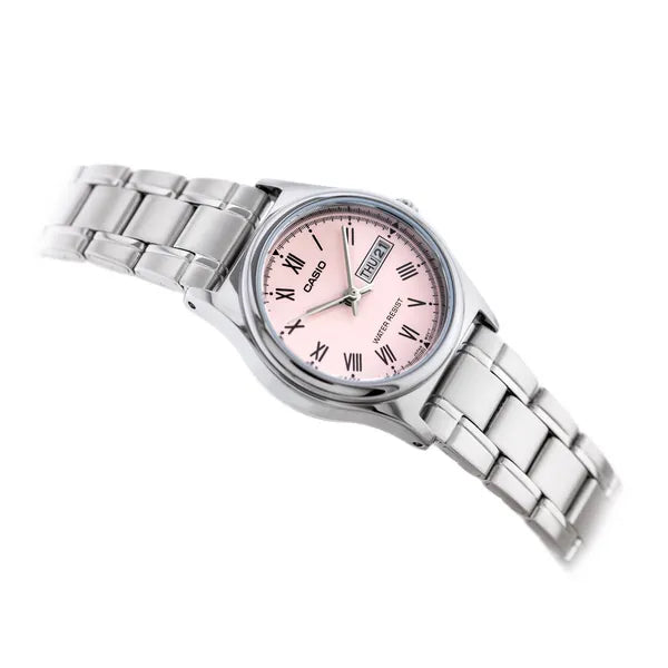 Női Casio LTP-V006D-4B karóra, acél szíj, rózsaszín számlap, WR30, dátum