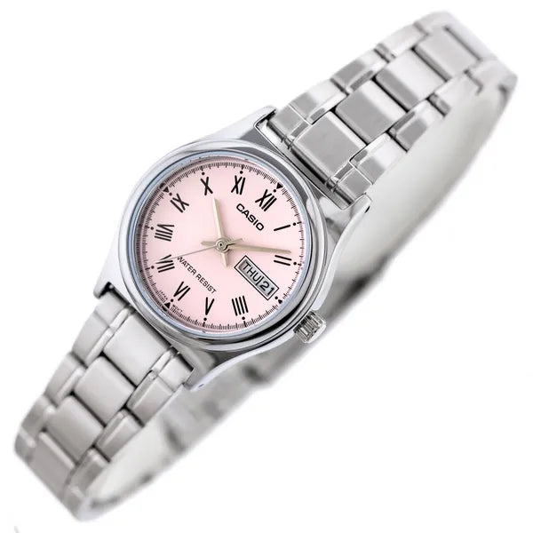 Női Casio LTP-V006D-4B karóra, acél szíj, rózsaszín számlap, WR30, dátum