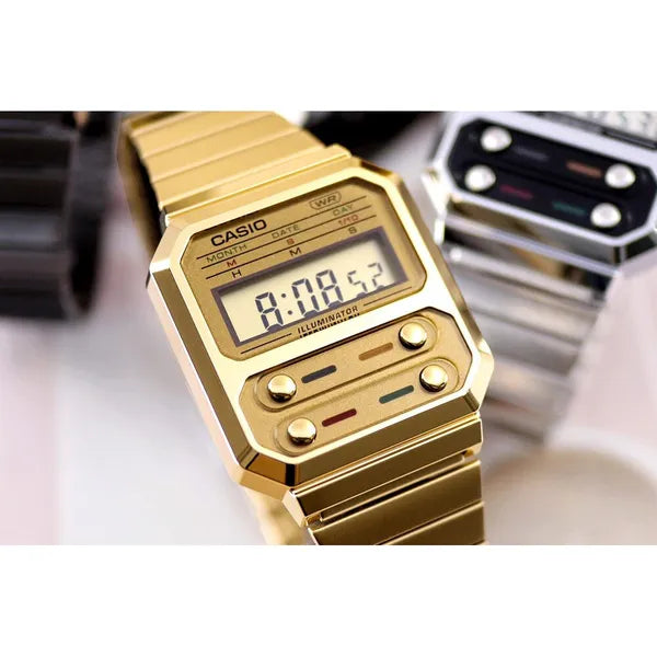 Casio A100WEG-9AEF retro női digitális karóra, arany rozsdamentes acél, WR30