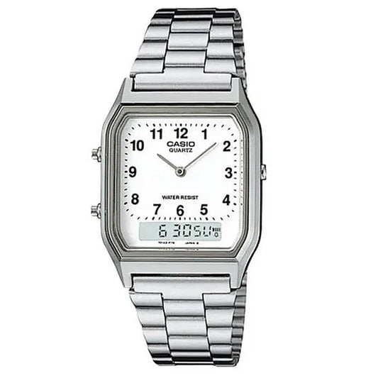 Casio AQ-230A-7B uniszex retro karóra, acél szíj, fehér számlap, WR30