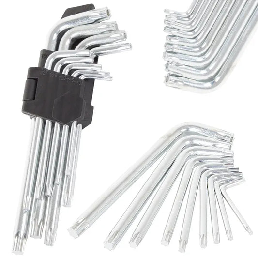 Torx L-alakú imbuszkulcs készlet, 9 db, 1,5–10 mm, edzett acél tartóval