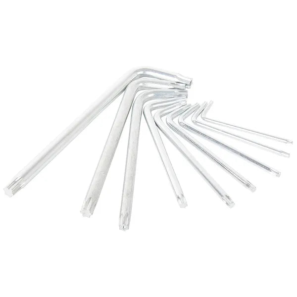 Torx L-alakú imbuszkulcs készlet, 9 db, 1,5–10 mm, edzett acél tartóval