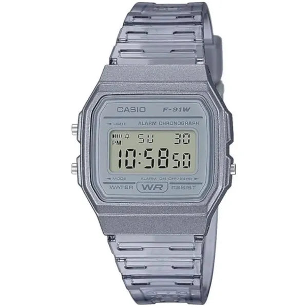 Casio F-91WS-8DF unisex retro digitális karóra, áttetsző szürke, 33 mm