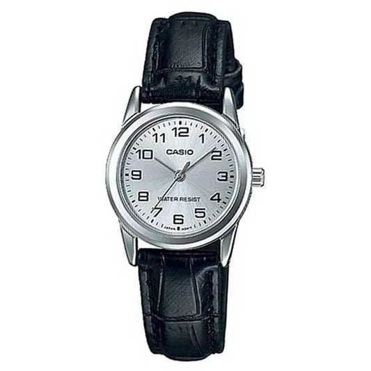 Casio női karóra LTP-V001L-7B, fekete bőrszíj, ezüst számlap, WR30