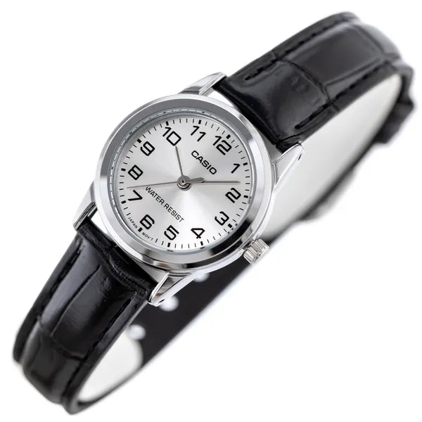 Casio női karóra LTP-V001L-7B, fekete bőrszíj, ezüst számlap, WR30