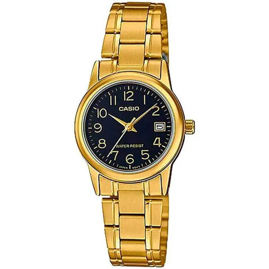 Casio női karóra, arany tok és szíj, fekete számlap, kvarc, 25 mm, díszdoboz