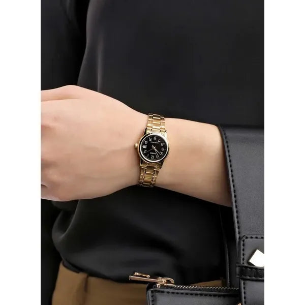 Casio női karóra, arany tok és szíj, fekete számlap, kvarc, 25 mm, díszdoboz