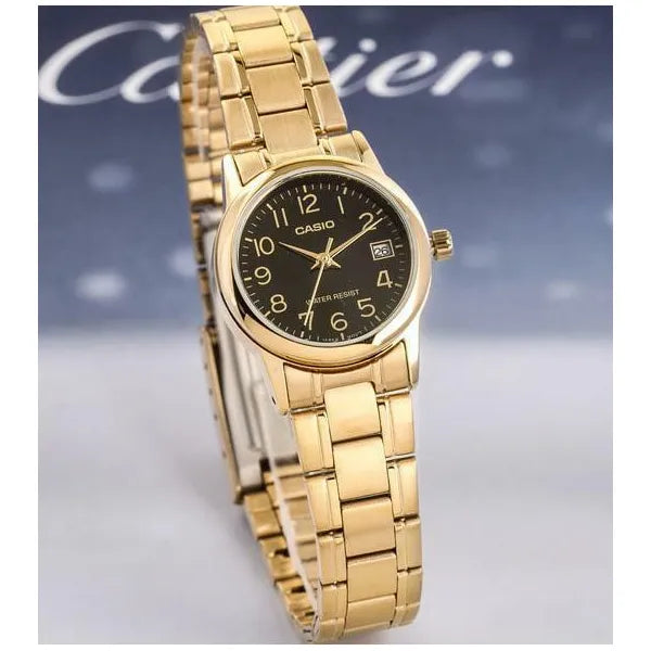 Casio női karóra, arany tok és szíj, fekete számlap, kvarc, 25 mm, díszdoboz