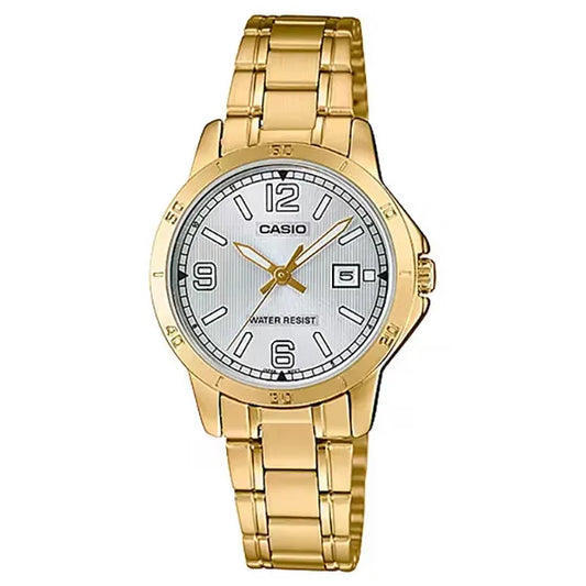 Casio női aranyszínű nemesacél karóra, ezüst számlap, dátum, 30 mm