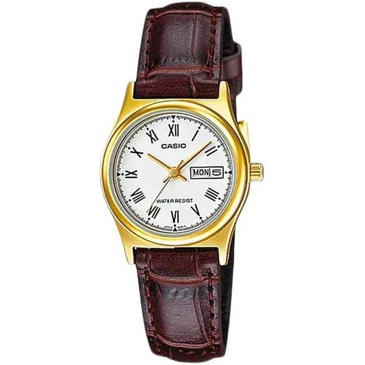 Casio női kvarc karóra, arany 25 mm tok, fehér számlap, barna bőr szíj