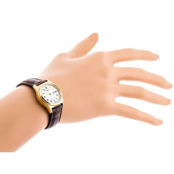 Casio női kvarc karóra, arany 25 mm tok, fehér számlap, barna bőr szíj