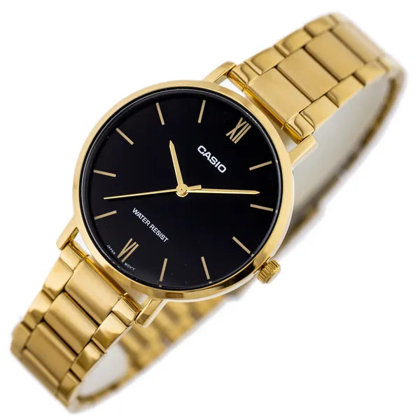 Casio LTP-VT01G-1B női karóra arany nemesacél, fekete számlap, WR30