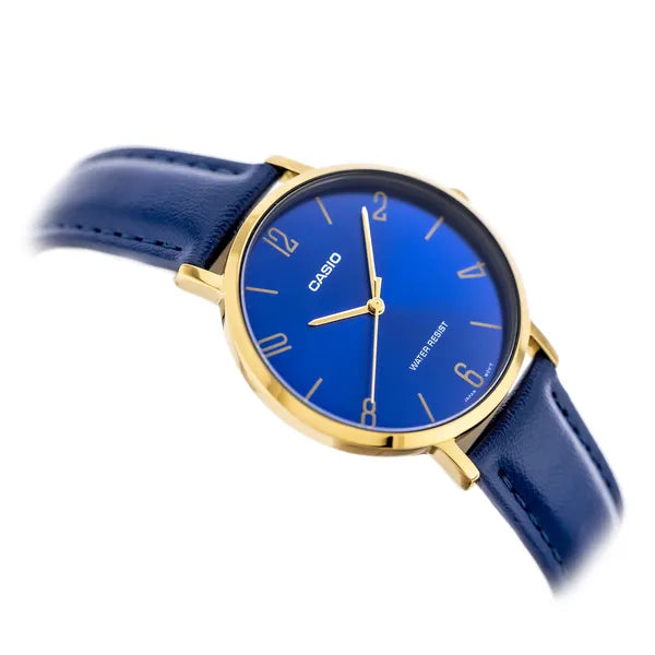Casio női kvarc karóra arany 34 mm tok, kék számlap és bőr szíj