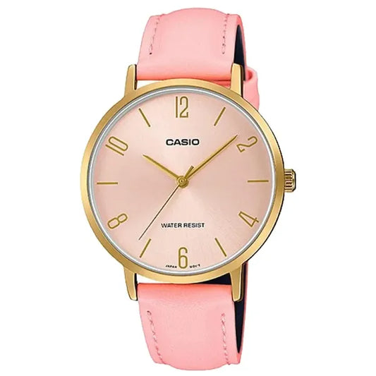 Casio LTP-VT01GL-4B női kvarc karóra arany tokkal és rózsaszín bőrszíjjal