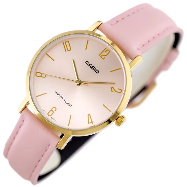 Casio LTP-VT01GL-4B női kvarc karóra arany tokkal és rózsaszín bőrszíjjal