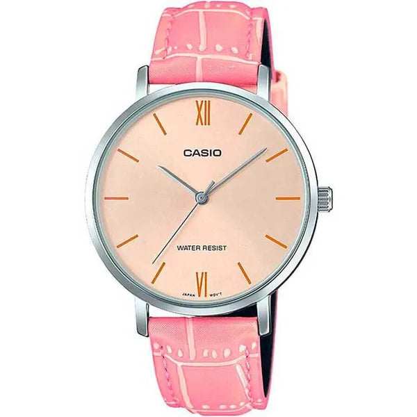 Casio női kvarc karóra, rózsaszín bőrszíj, 34 mm, WR30, díszdobozzal