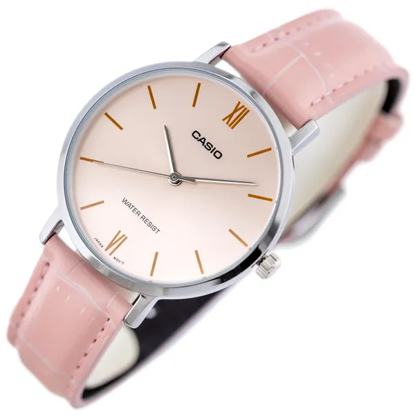 Casio női kvarc karóra, rózsaszín bőrszíj, 34 mm, WR30, díszdobozzal