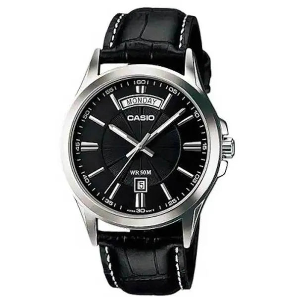 Casio MTP-1381L-1A férfi karóra, fekete bőrszíj, acél tok, WR50