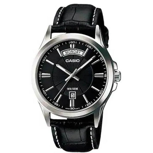 Casio MTP-1381L-1A férfi karóra, fekete bőrszíj, acél tok, WR50