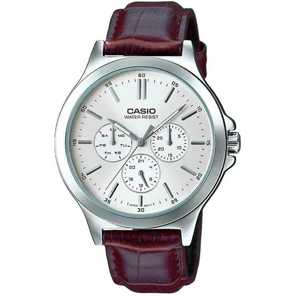 Casio MTP-V300L-7A férfi karóra, barna bőrszíj, ezüst számlap, WR30
