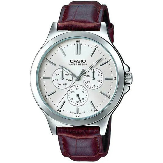 Casio MTP-V300L-7A férfi karóra, barna bőrszíj, ezüst számlap, WR30