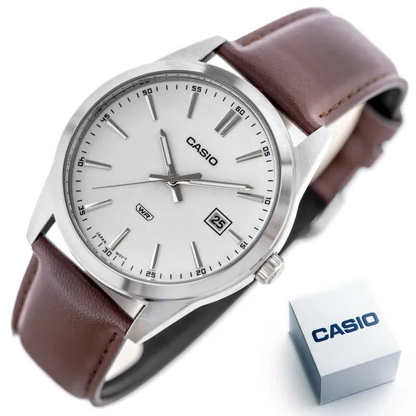 Casio MTP-VD03L-5A férfi karóra bőrszíjjal, WR50, dátumkijelző