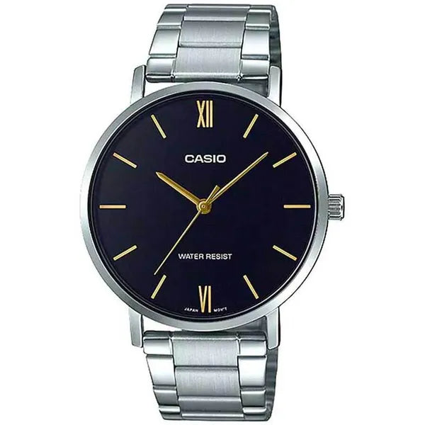 Casio MTP-VT01D-1B férfi karóra fekete számlappal, acél szíj, WR30