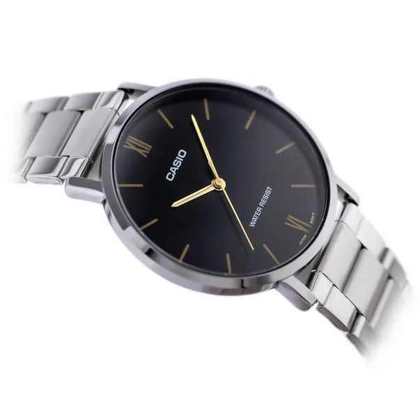 Casio MTP-VT01D-1B férfi karóra fekete számlappal, acél szíj, WR30